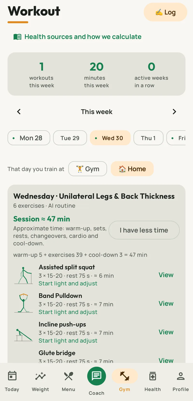 Fotorie workout: home strength routine with estimated session time, sets, reps and rests