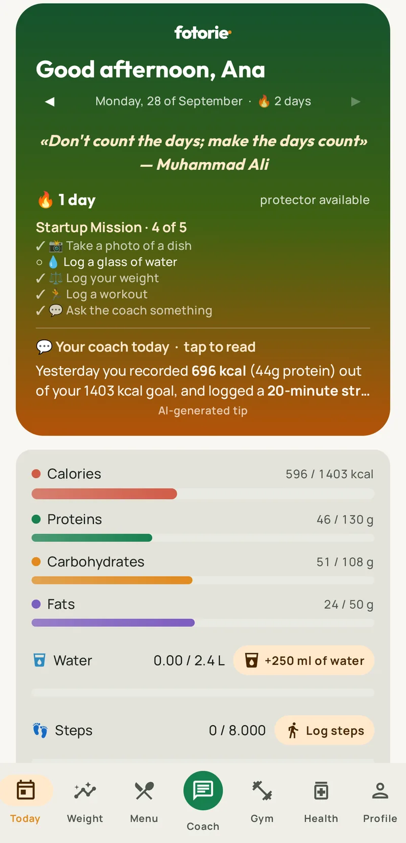 Fotorie Today screen: 596 of 1403 kcal for the day, with protein, carbohydrate and fat bars