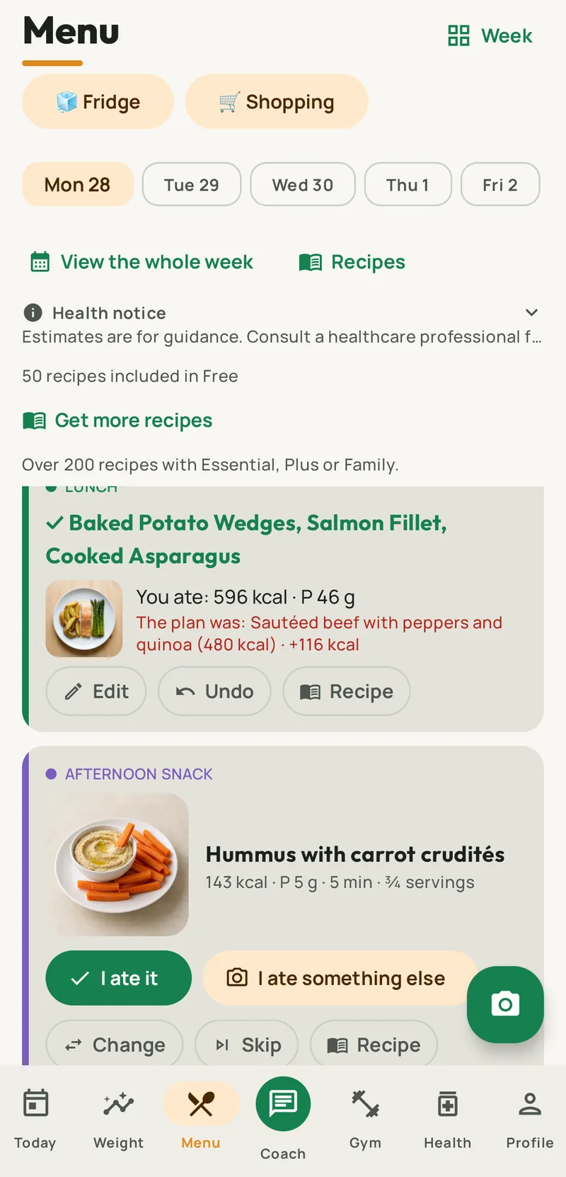 Meal plan after eating: what you actually ate versus the plan, and the afternoon snack scaled to three quarters