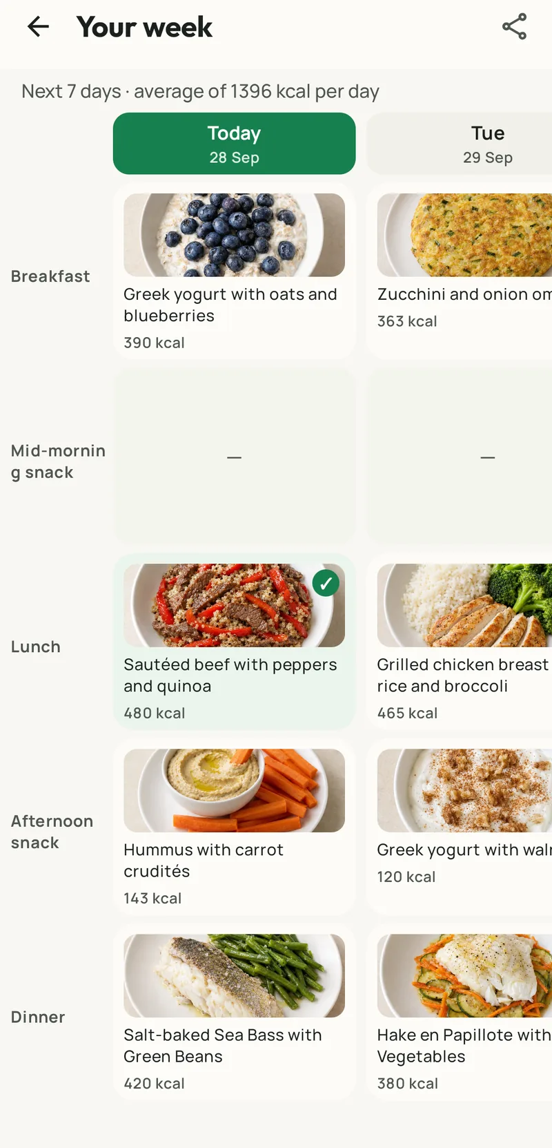 Fotorie weekly meal plan: breakfast, lunch, afternoon snack and dinner for each day with calories