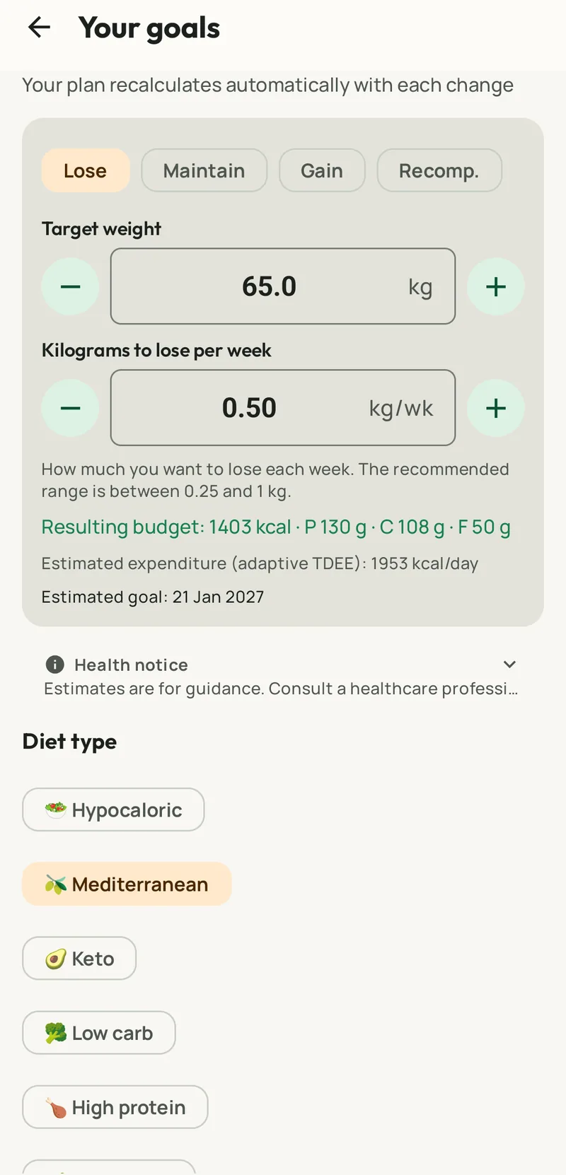 Fotorie goals: lose fat, target weight 65 kg at 0.5 kg per week, daily budget of 1403 kcal