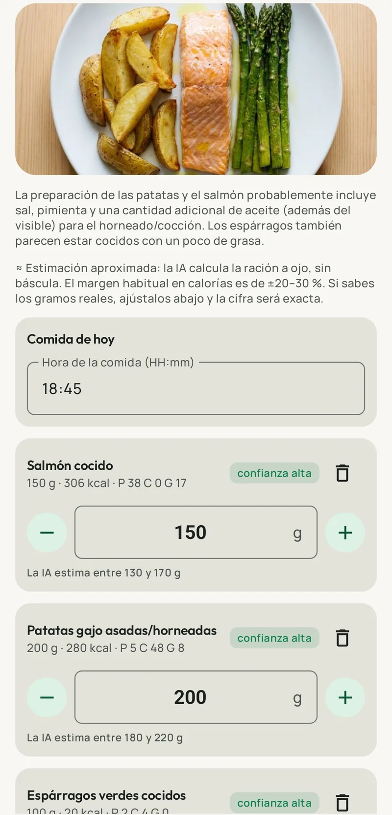 Análisis de una foto en Fotorie: salmón, patatas y espárragos con gramos, calorías y confianza alta