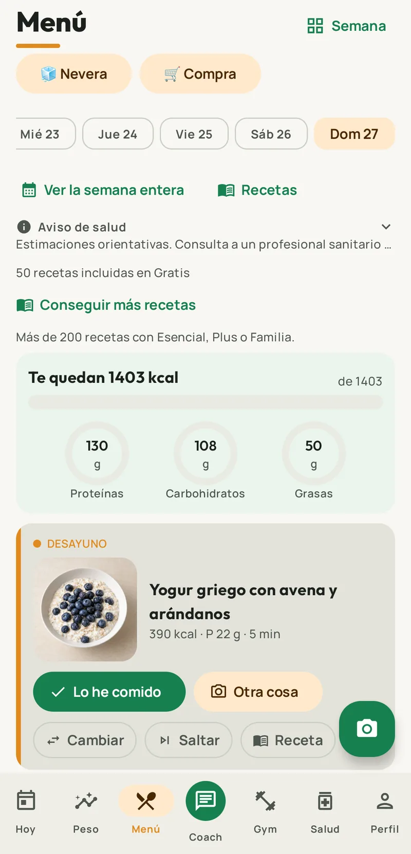 Menú del día en Fotorie: te quedan 1403 kcal y el desayuno propuesto con su receta