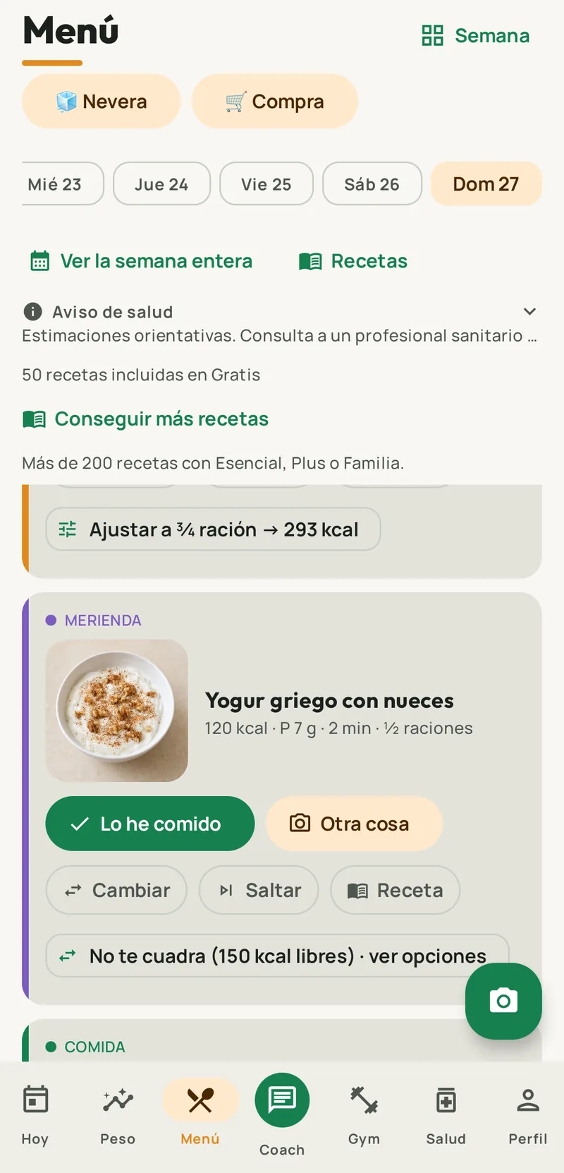 Menú reajustado tras comer: ajustar a tres cuartos de ración y merienda con 150 kcal libres