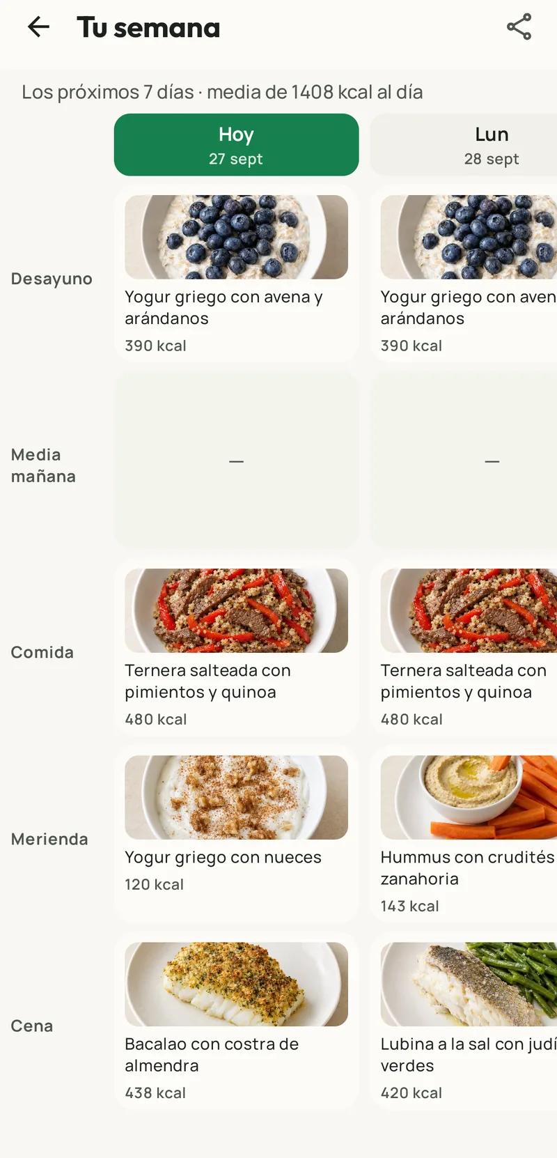 Menú de la semana en Fotorie: desayuno, comida, merienda y cena de cada día con sus calorías