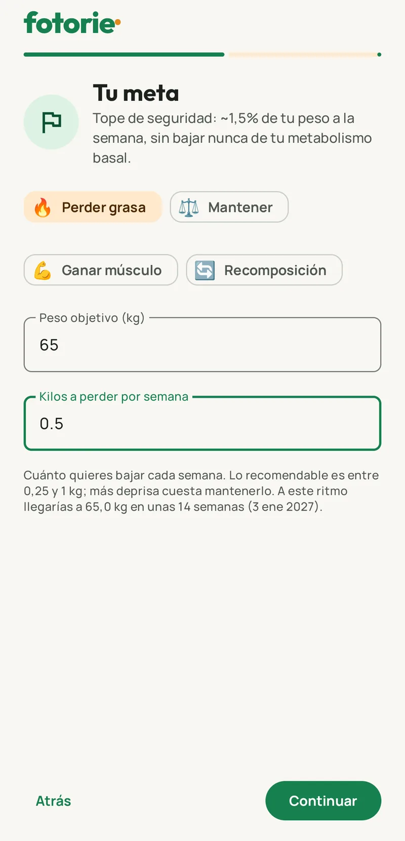 Registro en Fotorie: meta perder grasa, peso objetivo 65 kg a 0,5 kg por semana