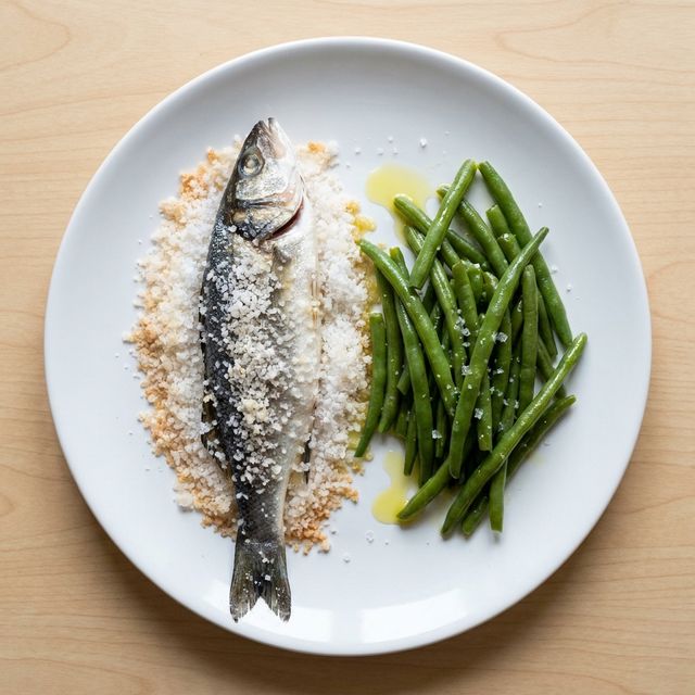 Dinner: Lubina a la sal con judías verdes
