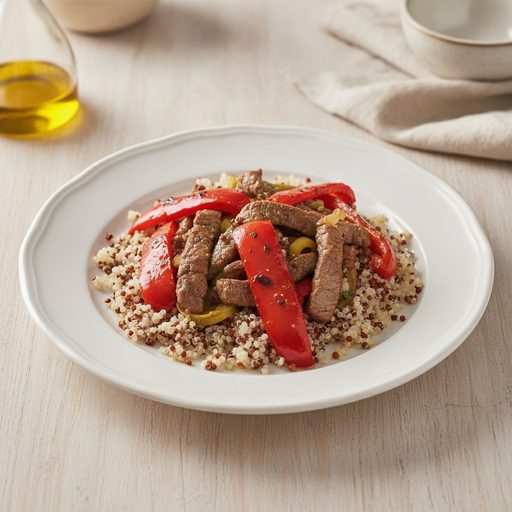 Ternera salteada con pimientos y quinoa