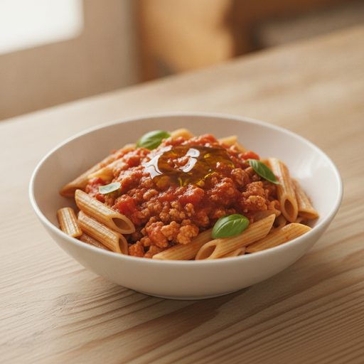 Pasta integral con pavo y salsa de tomate casera